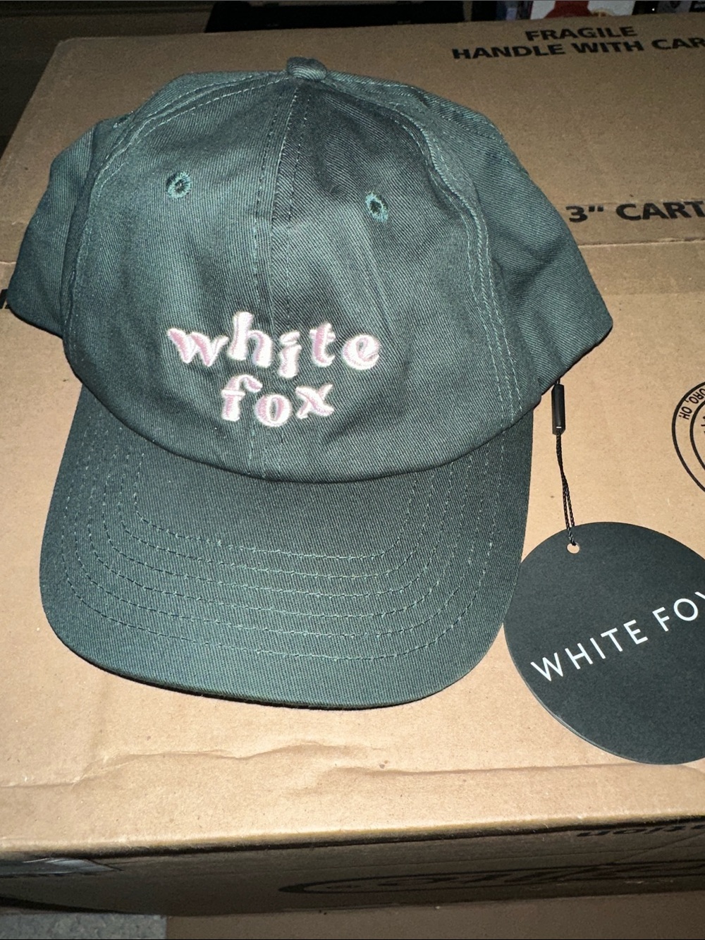 White Fox Boutique Dark Green Baseball Cap with Pink Embroidery